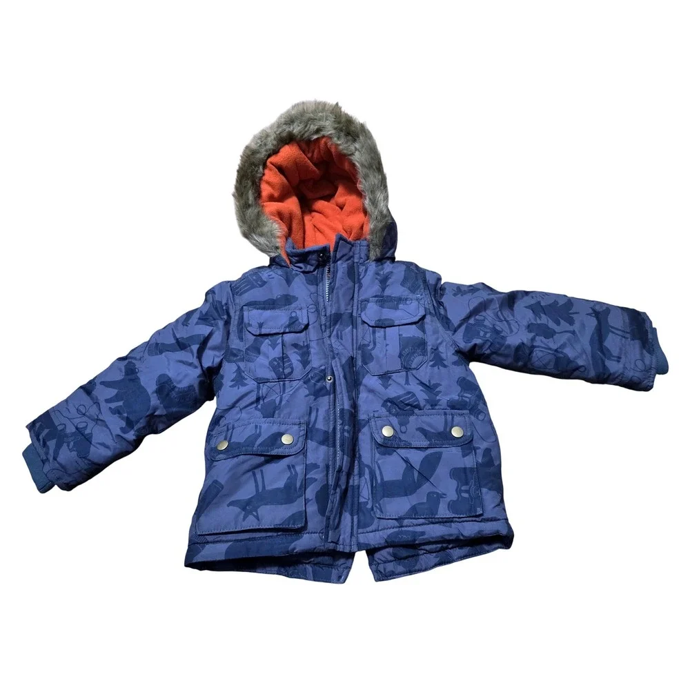 Carters‎ Kids Blue Camo Woodland Animal Print Hooded Winter Jacket 3T